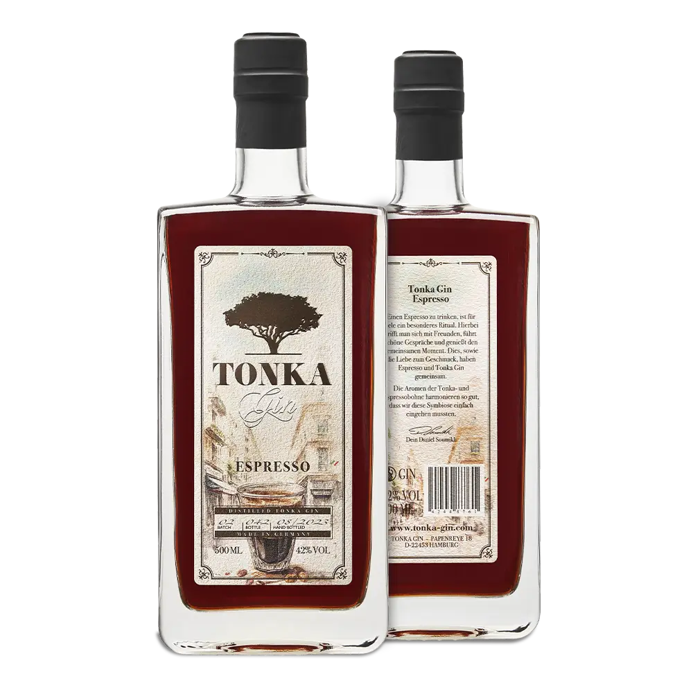 Tonka Gin Espresso - Flaschen Front und Rückseite sichtbar